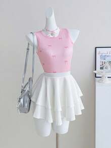 Sparklyn 3 件套青少年女孩背心，休闲优雅度假乡村郊游，买 1 送 3，3 件粉色，细肩带短款上衣配蝴蝶结刺绣花朵，春夏 - 彩色 - 查看 6