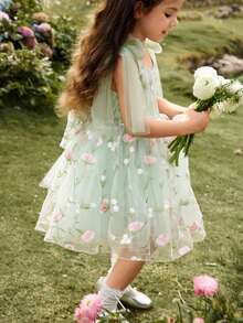 SHEIN Glamorique Kids 花童、生日派对、婚礼、节日礼服、女童公主裙、幸运大蝴蝶结、花卉网纱蓬蓬裙、参加派对或特殊场合、华丽连衣裙、可爱、美丽、四季皆宜、复活节、夏季、优雅派对礼服 - 綠色 - 查看 14