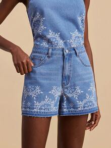 Travachic Women's Plant Pattern Pocket Loose Casual Denim Shorts - Light Wash - View 5