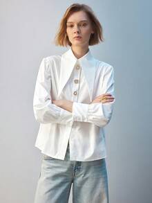 Maija Peak Collar Button Front Blouse Workwear,Long Sleeve Tops, - White - View 2
