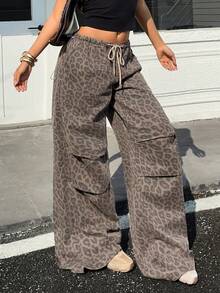 Flirla Quần jeans ống rộng nữ họa tiết da báo, cạp chun, kiểu dáng thường ngày, đa năng. - Nhiều màu - Xem 3