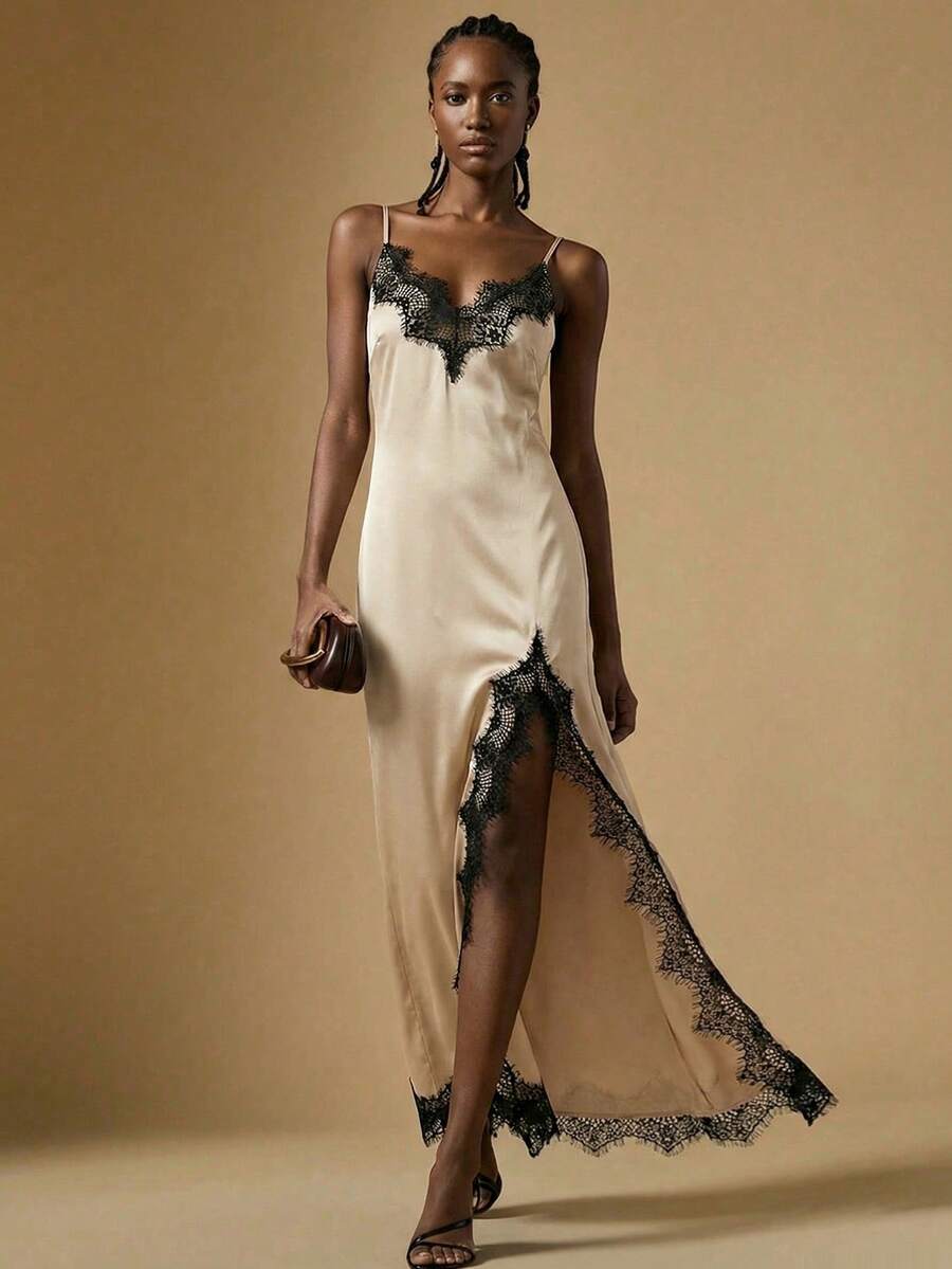 Briarwyn 女士吊带蕾丝拼接高开衩连衣裙，女士夏季连衣裙，夏季穿搭，女士夏季穿搭，女士春季连衣裙，女士情人节穿搭，女士优雅派对礼服，女士婚礼宾客礼服，婚礼派对礼服 - 卡其色 - 查看 1