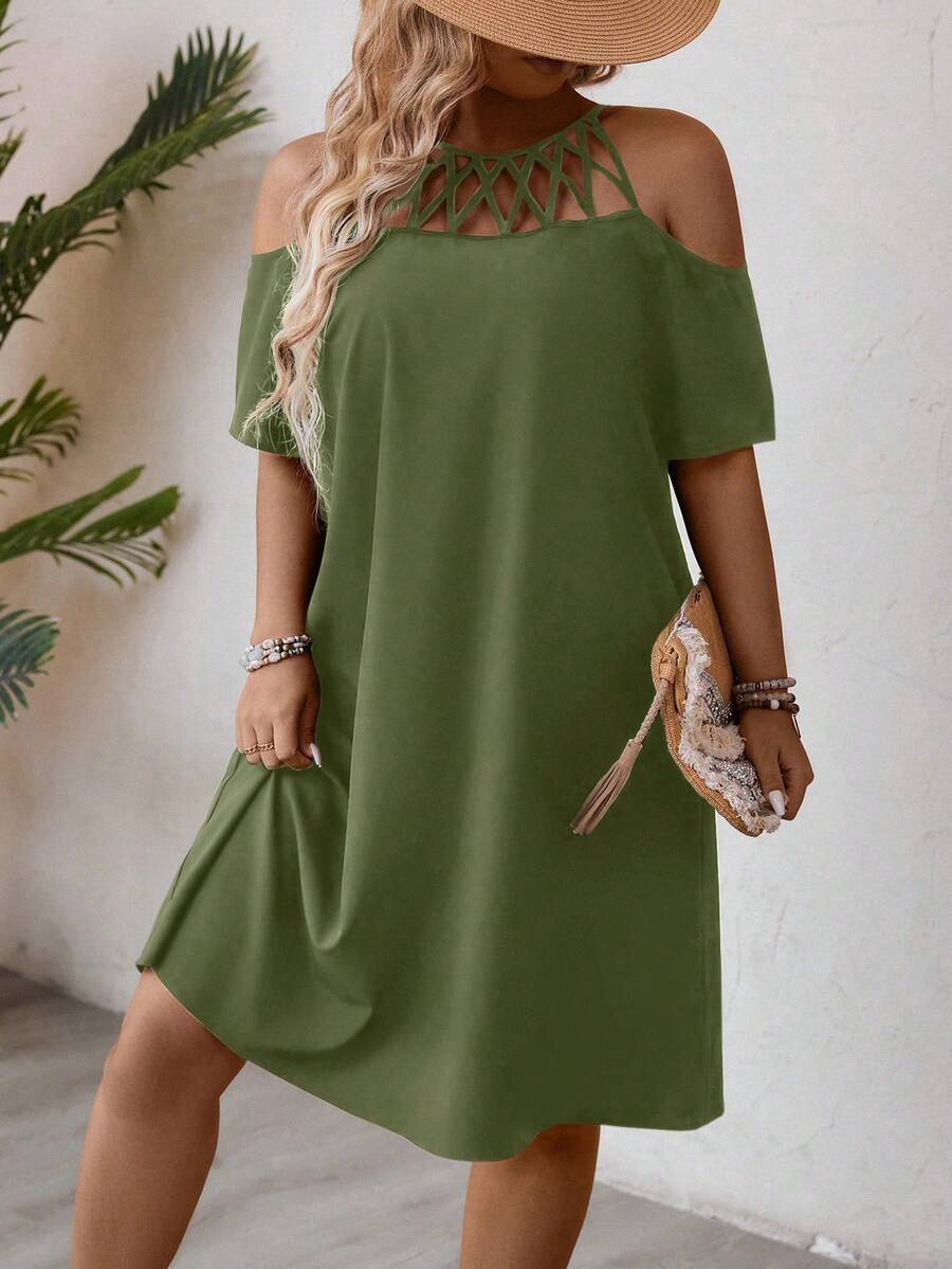 EMERY ROSE 大码纯色简约休闲连衣裙 - 綠色 - 查看 1