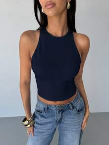 Aloruh Áo tank top nữ gợi cảm hở lưng, dây chéo, thích hợp cho mùa hè - Màu xanh hải quân - Xem 4