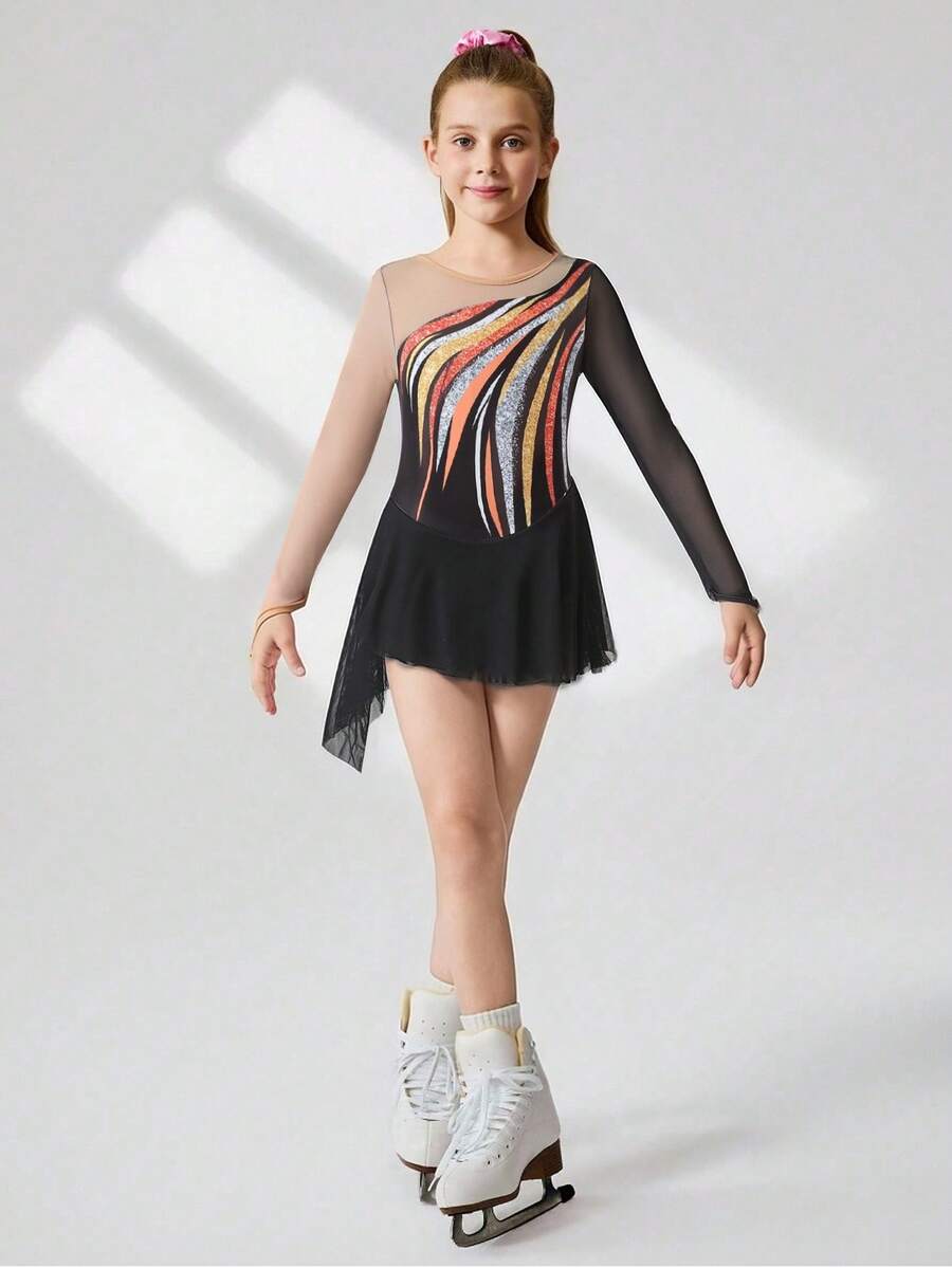 SHEIN Bộ trang phục trượt băng nghệ thuật cho bé gái tuổi teen, họa tiết hoa màu hồng cánh sen, trang nhã, đính đá lấp lánh, tay dài, chân váy lưới ôm sát, thoải mái và thời trang cho thi đấu và tập luyện. - Nhiều màu - Xem 1
