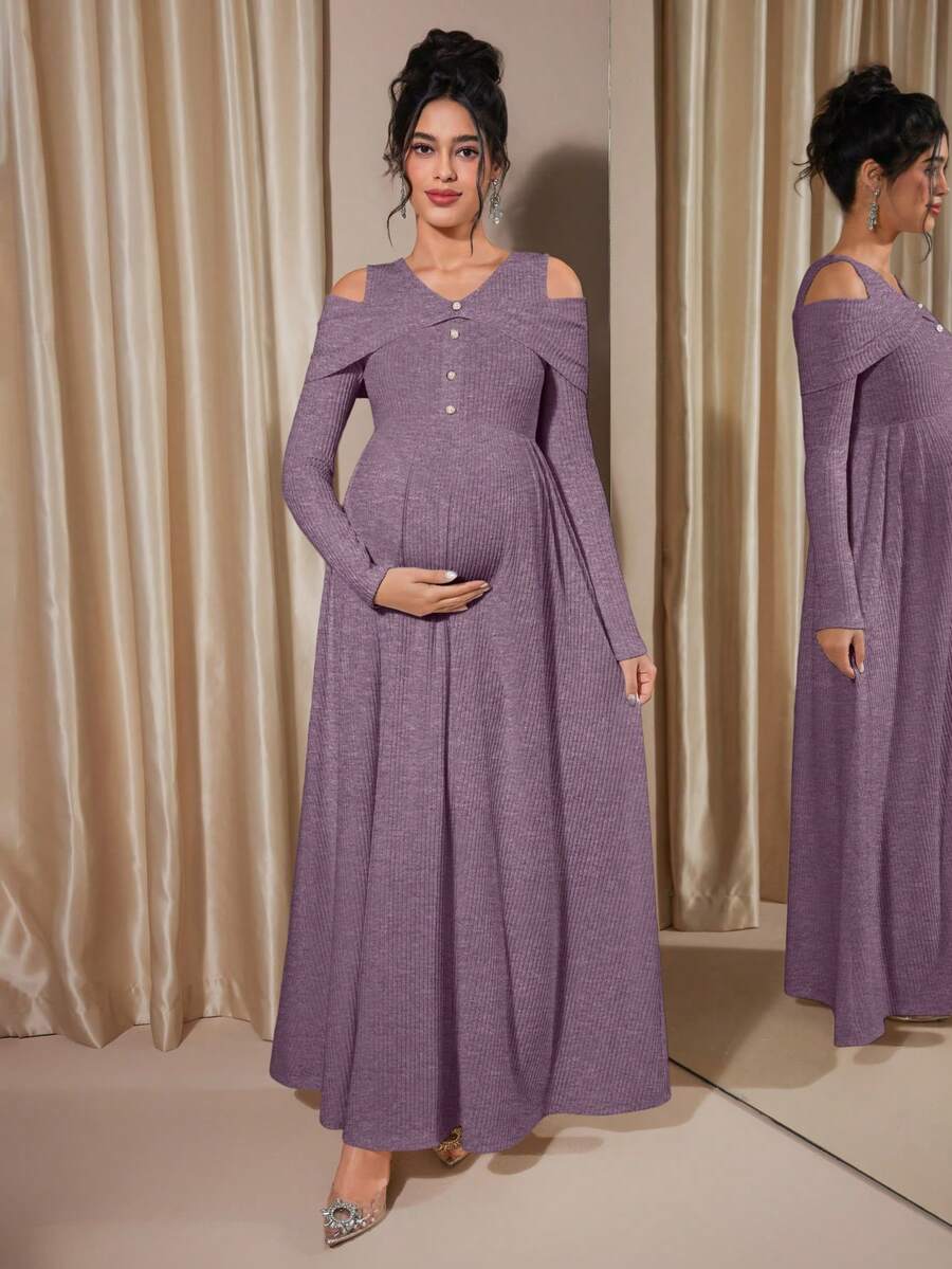 Momance Vestido midi acampanado con botones y mangas raglán acanaladas, para primavera/otoño - Morado - Ver 1