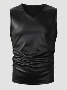 Manfinity LEGND 男士纯色V领无袖休闲百搭背心，夏季男士肌肉衫，男士皮质背心，男士短袖上衣，男士无袖T恤，男士性感上衣，男士性感上衣，皮质上衣，男士短袖背心，男士无袖T恤 - 黑色 - 查看 4