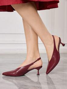 Sleekvia 女士尖头性感套脚酒红色PU后跟提拉带低帮春季鞋通勤细跟猫跟空心女鞋 - 酒紅色 - 查看 5