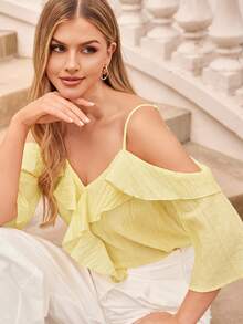 Amorya Áo hai dây trễ vai xếp ly thanh lịch mới dành cho nữ, màu vàng trơn, thích hợp mặc hàng ngày. - Màu vàng - Xem 7