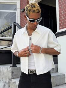 Major Grit 男士純色短袖單排扣休閒襯衫，白色短版翻領鈕扣式紋理街頭風正裝 - 白色 - 查看 4
