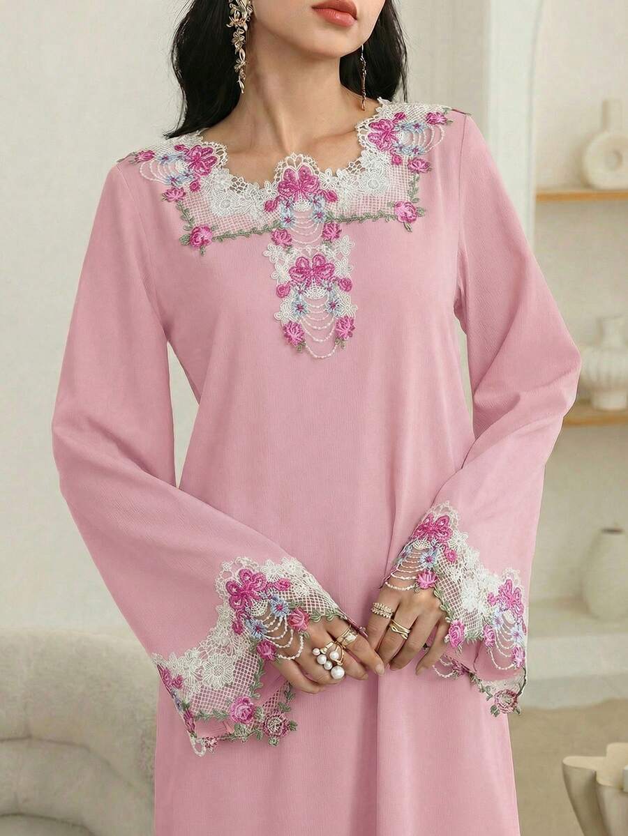 Al Najma 女士秋季水洗褶皱长袖花卉刺绣连衣裙,适合女性穿着,款式端庄,包括沙尔瓦卡米兹、复活节周日优雅长裙、全球时尚春季休闲刺绣长裙、适合工作场合的端庄刺绣连衣裙、花园派对刺绣连衣裙,宽松休闲廓形,优雅传统风格,浪漫粉色调花卉蕾丝领口 | 全球时尚必备春季休闲装,适合春节、春假穿着,采用柔软轻盈面料,长袖设计 - 粉色 - 查看 1