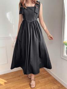 FRIFUL 女士蝴蝶结系带收腰连衣裙，甜美 - 黑色 - 查看 6