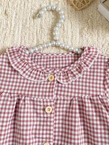 SHEIN 2pcs Baby Girls' Pink Plaid Cardigan Set, Comfortable Loose Fit With Ruffle Hem Design, Cute & Casual Outfit - Hot Pink - View 5