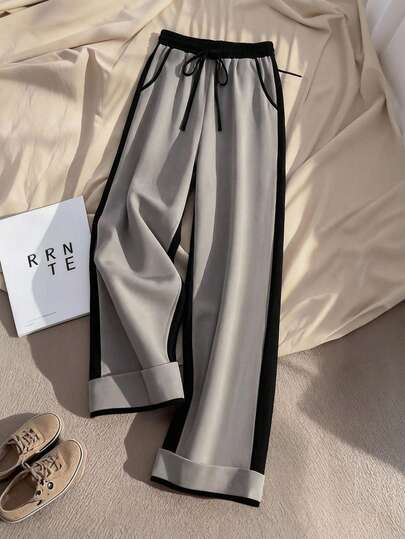 GlowEve CURVE Women's Fashion Commuter Contrast Color Patchwork Lace-Up Waist Casual Pants