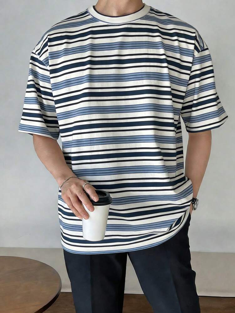 Men's Casual Striped Crew Neck Loose Short Sleeve T-Shirt, Summer
