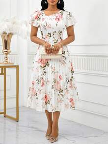 SHEIN Lady 女士碎花褶皱腰身优雅中长连衣裙，适合派对、春季、正式场合穿着。这款连衣裙款式多样，包括碎花连衣裙、休闲连衣裙、正式礼服、工作装、春季连衣裙、优雅连衣裙和碎花连衣裙。 - 彩色 - 查看 6