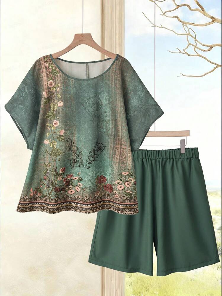 Plus Size Women Floral Print Short Sleeve Top And Shorts 2 Piece Casual Set\Summer\Vacation Summer Outfits Summer Clothes  Spring  Spring Outfit Women Spring Clothes Country Style For Women Vacation Outfits Women Women's Summer Set