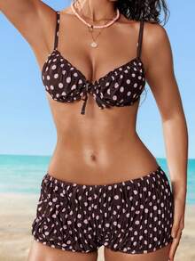 Bellisia 女士夏季沙滩波点露背系带性感比基尼泳衣套装 - 棕色 - 查看 6