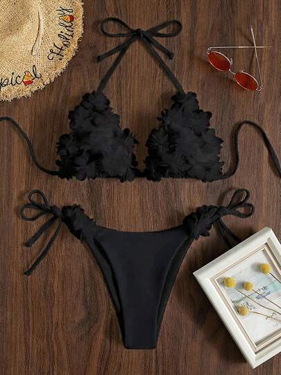 Swim Mod Women's Solid Color Halter Tie Sexy Bikini Swimwear Set, Summer Beach