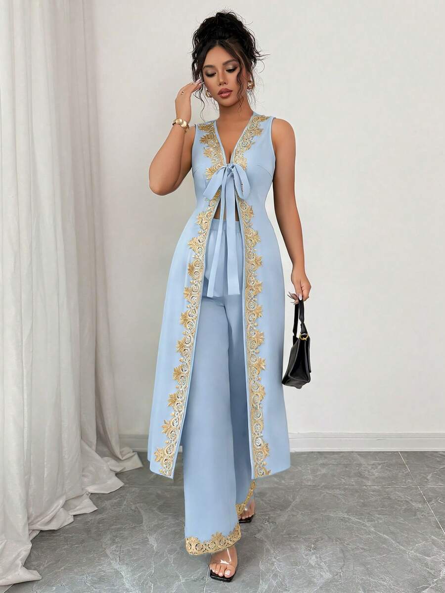 Rafferiza Bộ đồ hai mảnh cổ chữ V thắt nơ dành cho nữ: Áo dài không tay viền ren hoa vàng và quần ống rộng, trang phục mùa hè thường ngày. - Màu xanh lam - Xem 1