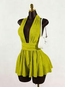 GlowEve Women's Sleeveless Tie-Up Backless Halter Romper - Green - View 1
