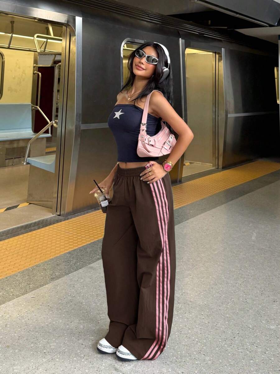 SHEIN EZwear 女士棕粉色撞色弹力腰侧条纹阔腿宽松休闲裤/工装裤 - 棕色 - 查看 1