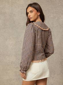WESTFADE Gingham Ruffle Collar Button Front Fitted Long Sleeve Shirt Cute Fall Clothes For Women Country Concert Outfit - Multicolor - View 5