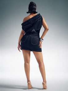 Denimoi Vestido vaquero mini con hombros descubiertos y cintura apilada, vestido de mezclilla de moda y declaración - Azul lavado oscuro - Ver 5