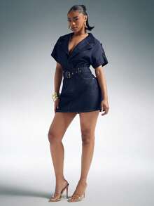 Denimoi Oversized Notched Collar Denim Mini Dress Fashionable Denim Dress - Dark Wash - View 5