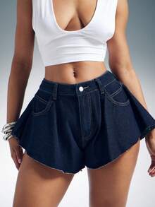 Denimoi 喇叭牛仔短裤 性感短裤 度假 音乐会 早午餐 节日 - 深色水洗藍 - 查看 1
