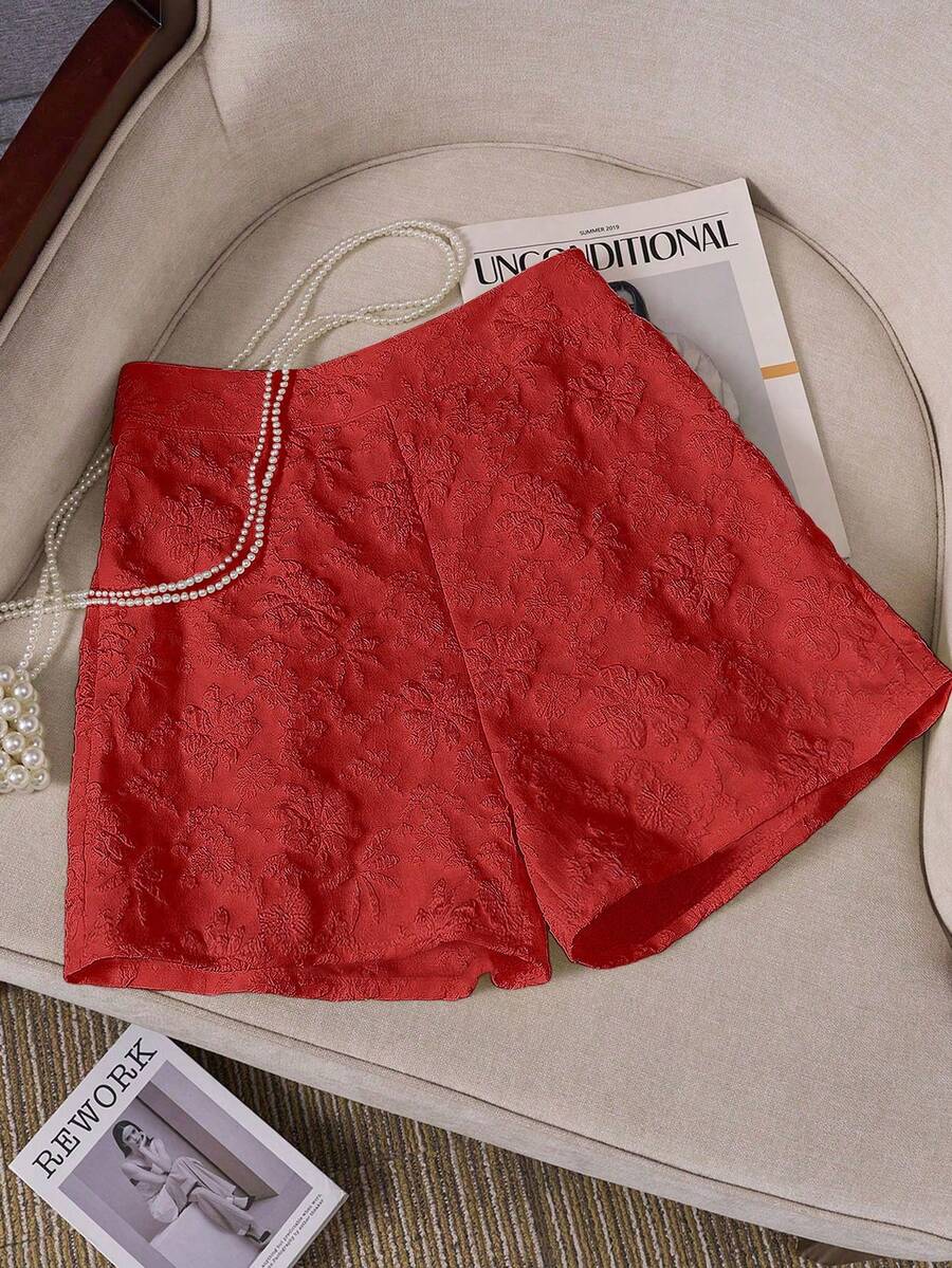 Plus Size Fashionable Jacquard Versatile Shorts - Red - View 1