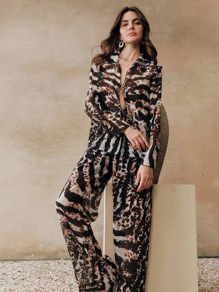 Anewsta 春夏ビーチアウトフィット、レオパード、ゼブラ、アニマル柄タイアップカジュアルホリデーバケーション エレガントな2ピースセット