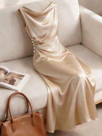Franclia Vestido de satén color champán elegante para mujer, con pliegues en la cintura, tela de satén suave, caída natural, decoración de botones de perla en la cintura, un estilo simple pero sofisticado, elevado por el material de perla y satén, adecuado para el trayecto de /verano, uso diario, invierno, fiesta, playa, cita, graduación, oficina de negocios, uniforme de maestra urbana, atuendo de Navidad y Año Nuevo, vestido maxi casual