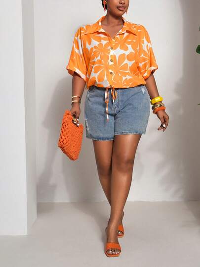 Veslaya Spring/Summer New Plus Size Short Sleeve Casual Everyday Shirt/Bohe/Music Festival/Easter/St. Patrick's Day/Western Style/ Nomadic Style/ Birthday Party/ Graduation/Casual Daily Outfit/Vacation/Cruise Travel/Beach/Sunbathing/Valentine's Day/Fashion Influencer Style/Commuting Style/Commuting Style/Summer Floral Patterns