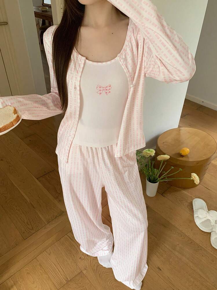 3pcs Women's Slim Fit Allover Print Cardigan, Camisole And Straight Leg Pants Pajama Set, Spring