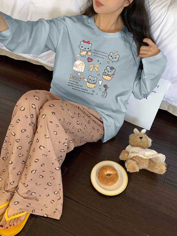 2pcs Cartoon Bear Print Long Sleeve T-Shirt And Loose Leopard Pattern Long Pants Pajama Set, Spring Women Sleepwear