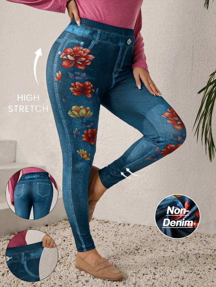 Plus Size Women's Summer Casual Vacation Floral Print High Stretch Faux Denim Print Leggings, Versatile For Daily Wear,Spring Break Outfits ,Vacation Outfits Women ,Holiday Outfits For Women,Going Out Outfits,2026 New Clothes,Simple And Fashionable For Everyday Wear, Jeggings For Women,Suitable For Summer, Vacation, Commute, Daily Wear