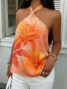 SHEIN EZwear 橙色芙蓉花印花女士吊带上衣，休闲简约度假风，春夏海滩巡航波西米亚西部风情节日海岛女孩复古海滨浪漫度假氛围春假可爱居家柔美女孩洁净女孩音乐节演唱会婚礼宾客城市旅行优雅假日装 - 彩色 - 查看 9