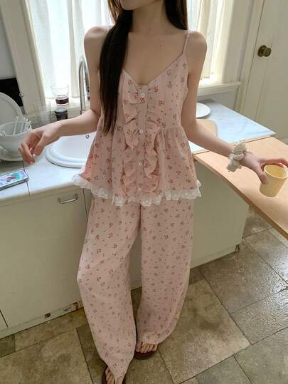 DAZY 2件套女士碎花蕾丝拼接无袖吊带背心和宽松直筒裤睡衣套装，夏季