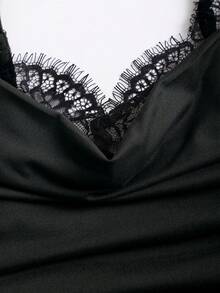 Sweetra Mono elegante y casual de verano para mujer con cintura ancha, volantes de encaje y contraste de color - Negro - Ver 3