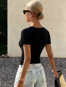 DAZY Women's Summer Square Neck Fitted Ribbed Casual Short Sleeve T-Shirt - Black - View 2