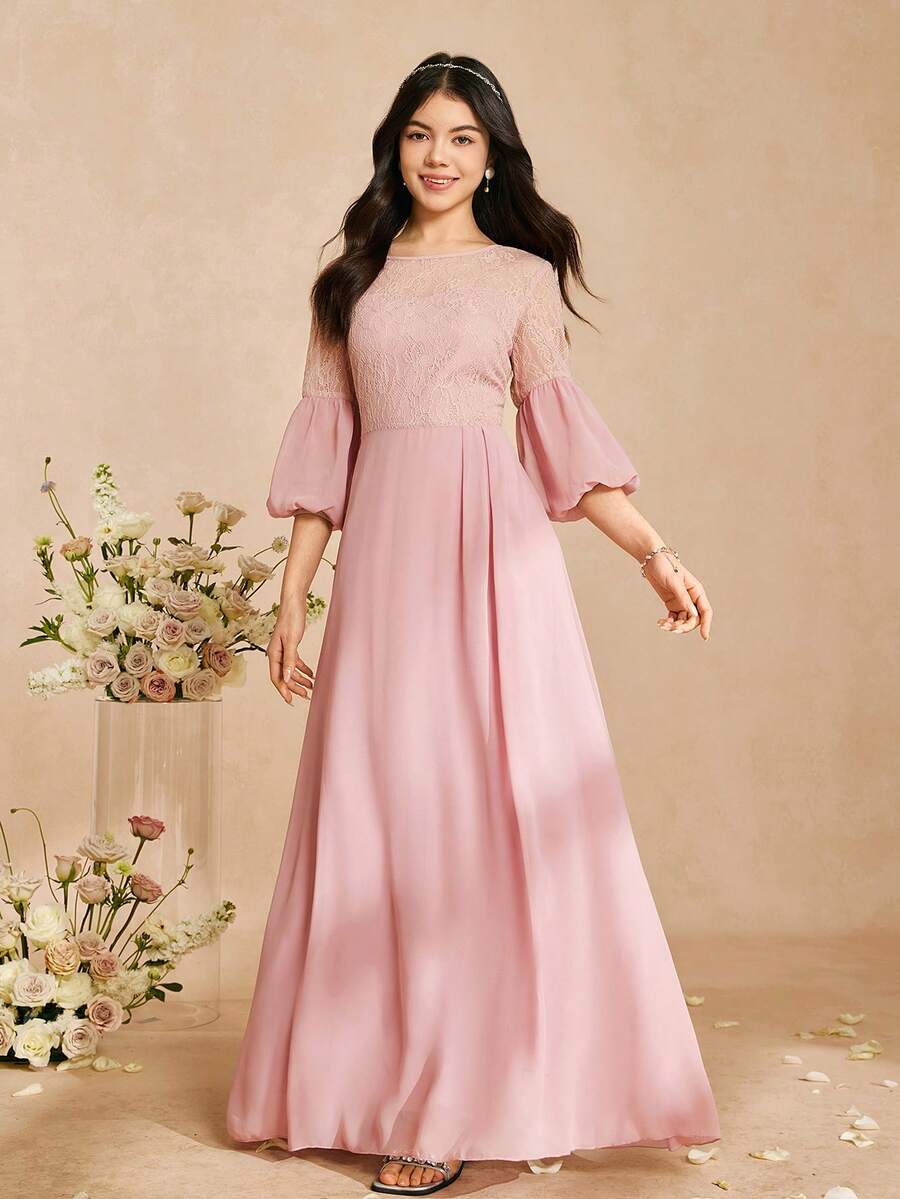 Elegant Flowing Lace Patchwork Chiffon Long Sleeve Waist Flared Long Dress, Suitable For Weddings, Formal Occasions, Parties, Performances, Birthdays, All Seasons - Pink - View 1