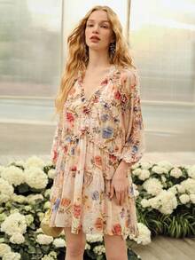 MOTF PREMIUM WOMEN'S FLORAL PRINT SHORT SLEEVE MINI DRESS, SPRING/SUMMER - Baby Pink - View 4