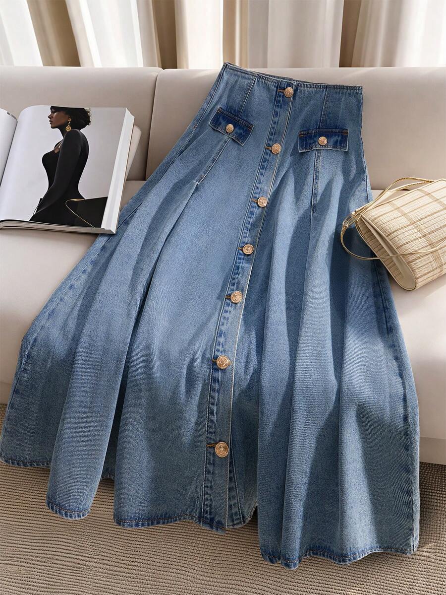 GlowEve 女士纯色简约纽扣装饰A字牛仔裙 - 淺色水洗藍 - 查看 1