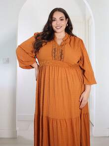 Pretty and Ole 大码女式纯色V领长袖纹理面料休闲长裙 - 棕色 - 查看 6