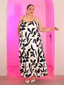 Pretty and Ole Plus Size Vacation Colorblock Leaf Print Casual Sleeveless Dress,Flowy Dress Suitable For Going Out Chic Dress Party - Black and White - View 6