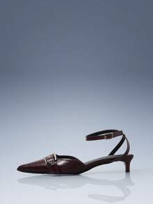 CUCCOO GRLICON 复古酒红色尖头金属扣露跟女鞋 - 酒紅色 - 查看 2