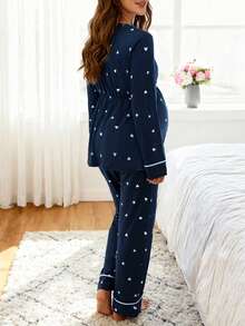 SHEIN Heart Print Trim Breastfeeding Maternity Long Sleeve Pajama Set - Navy Blue - View 2