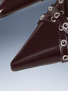 CUCCOO GRLICON Burgundy Patent Leather Pointed Slingback Metal Buckle Kitten And Women's High Heels - Brown - View 3