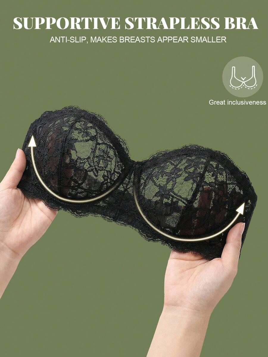 DesireSculpt 1件女士性感黑色蕾丝细肩带露背文胸 - 黑色 - 查看 1